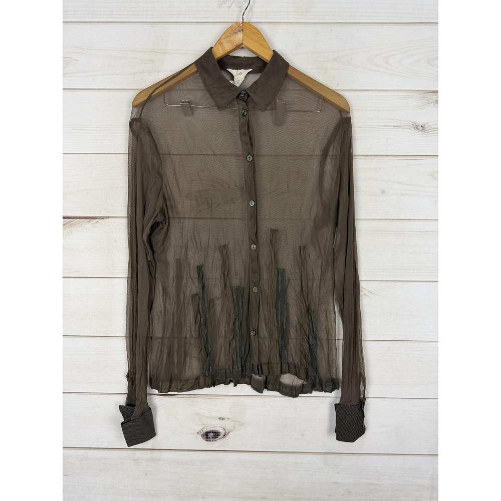J. Jill Blouse Womens MT Tall Brown Mesh Sheer Button Front Collared Top Dressy